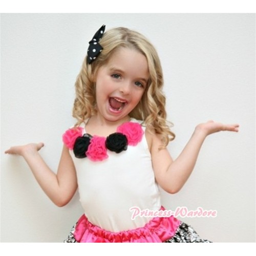 White Tank Tops with Hot Pink Black Rosettes T404 